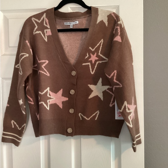 Celebrity Pink Star Patterned Brown and Pink Cardigan Sweater - Picture 1 of 5